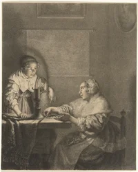 Interieur met dame en dienstmeid bij kaarslicht
