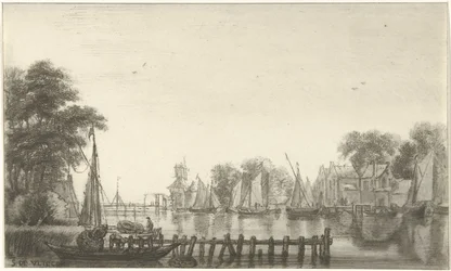 Riviergezicht met zeilschepen