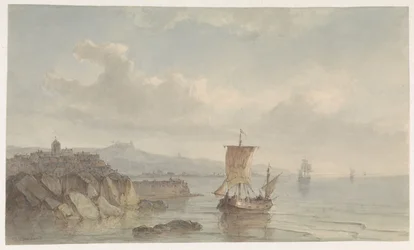 Kustlandschap met haven en schepen op het water