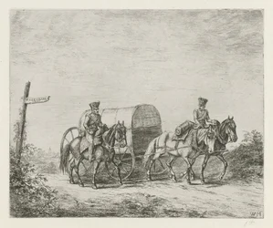 Twee soldaten te paard op weg