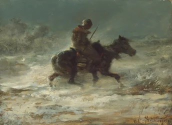 Man met lans die door de sneeuw rijdt, ca. 1880