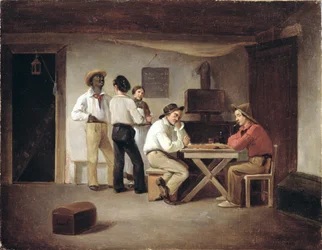 Zeelieden spelen een bordspel in een taverne