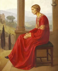 Een vrouw in een rode jurk zittend op een terras in een Italiaans landschap