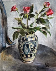 Roze Rozen In Een Geschilderde Pot