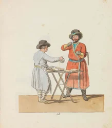 Kisselverkoper en landgoedkoetsier uit de serie De straatventers van Sint-Petersburg, 1799
