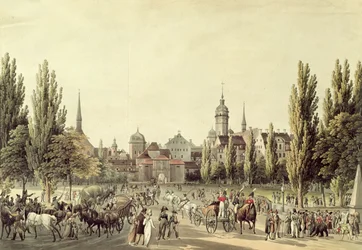 Uitzicht op Leipzig vanaf de Grimma-poort