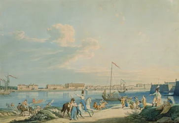 Uitzicht op het Marmeren Paleis en de noordzijde van de Peter en Paul Vesting, St. Petersburg (gravure)