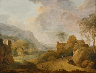 Berglandschap met rivier en boerderij