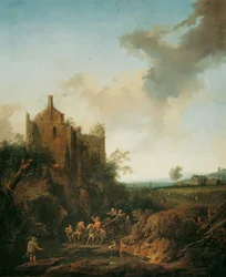 Landschap met kasteelruïne en paardenwagen