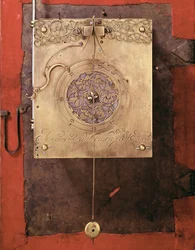 Vroege gewicht-aangedreven slingerklok, detail van het mechanisme voor de klokslag, gebouwd door Johannes van Ceulen