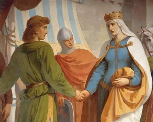 Parzival neemt afscheid van zijn moeder, koningin Herzeloyde, uit de Parzival-cyclus, Zangershal, ca. 1883-84