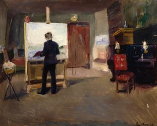 De schilder Nils Hansteen in het atelier