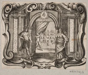 Embleem met Portaal, Man en Vrouw, Amor en Twee Brandende Harten
