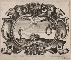 Embleem met zonnestralen door een ring en door een brandglas, zodat er een vuur wordt aangestoken