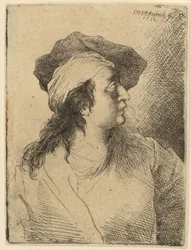 Busteportret van een jonge vrouw met muts, in profiel naar rechts