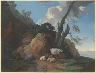Rotsachtig landschap met een herder, twee koeien, twee schapen en een geit