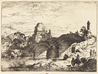 Landschap met een brug en een vervallen toren