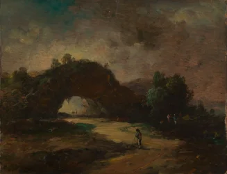 Landschap met een door struikgewas overwoekerde rotsboog