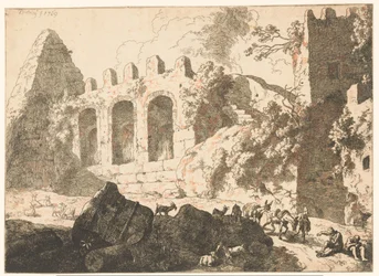 Landschap met ruïnes en een piramide