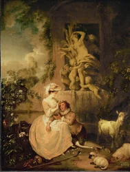 Geliefden met schapen en geiten (olieverf op doek)