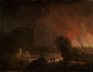 Nachtelijk landschap met brandende stad