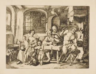 Satyr in een boerenhuis, in de stijl van Jordaens