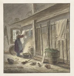 Hoekje van een stal met een meisje dat een doek ophangt