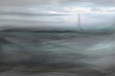 Zeilboot in de mistige oceaan