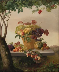 Een mand met fruit in een landschap