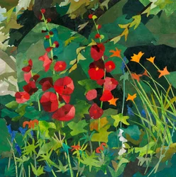 Cornerways tuin met stokrozen, 2025 (aquarel geschilderd papier collage)