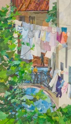 Brug van Venetië met wassen, 2025 (collage van aquarelverf op papier)