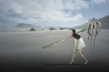 Surrealistische octopus op het strand