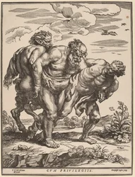 Silenus vergezeld door een sater en een faun