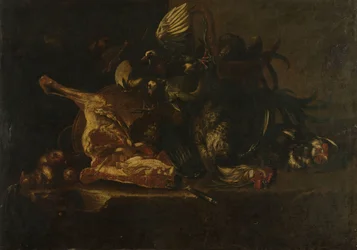 Stilleven met vlees en dode vogels