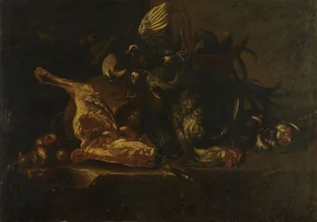 Stilleven met vlees en dode vogels