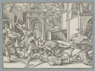 Vechtende soldaten in een stad