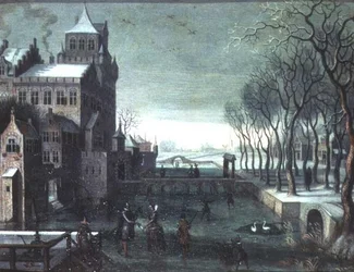 Een Winterlandschap met Figuren die Schaatsen bij een Kasteel met Gracht