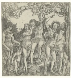 Allegorie op de liefde met liefdesparen en Amor in landschap
