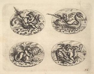 Vier ovalen met genieën, platen uit het Neue Grotessken Buch, 1610