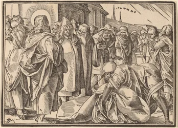 De verlamde genezen door Christus pakt zijn pallet op