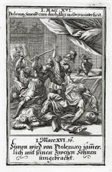 Simon en zijn twee zonen worden gedood door Ptolemaeus. 1 Makkabeeën 14:16, 1695