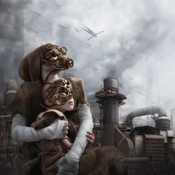 Dystopische steampunk-omarming
