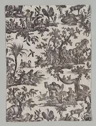 Fragment van koperplaat bedrukt katoen met Les quatres parties du monde ontwerp, 1788