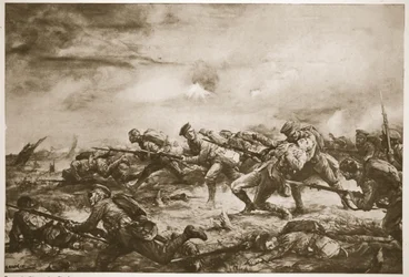 Aanval van het 4e Canadese Bataljon bij Ieper (litho)