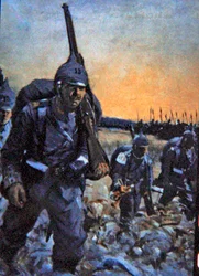 Duitse infanterie van 1914 in velduniform (kleur litho)
