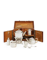 Picknickset, merk van Boulanger, Parijs, eind 19e eeuw (zilver en leer)
