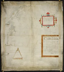 Kaart van Bayford en Goodmanston landgoederen in Murston en Sittingbourne, co. Kent: 1590