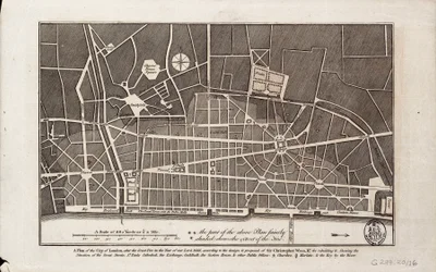 Plan van de stad Londen na de Grote Brand van 1666 (prent)