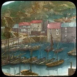 Vissersboten in de haven, Polperro, Cornwall, eind 19e of begin 20e eeuw