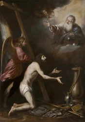 Spaans: Cristo flagelado arrodillado ante Dios Padre (Gegeselde Christus knielend voor God de Vader)